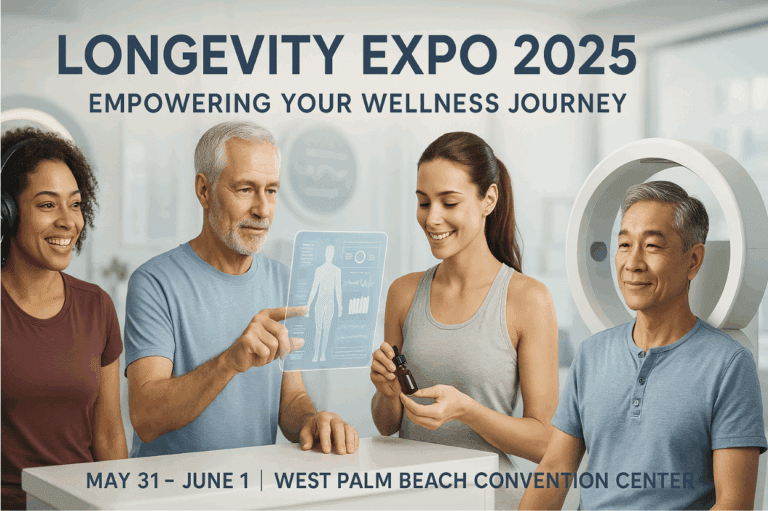 Longevity medicine expo banner for West Palm Beach 2025 showing healthy adults engaging with biohacking tools and wellness tech at a healthspan optimization conference
